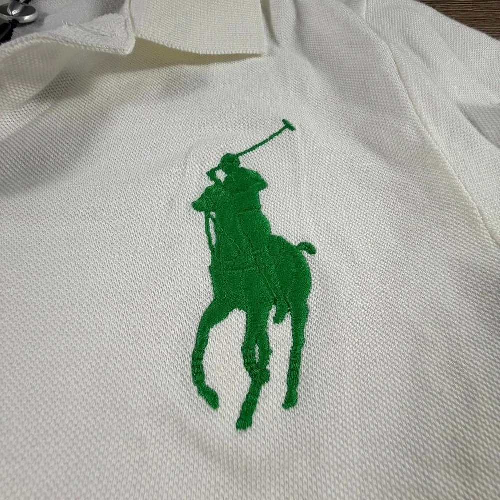 Ralph Lauren Kids Big Pony Mesh Polo Shirt White Green Long Sleeve Size L NWT